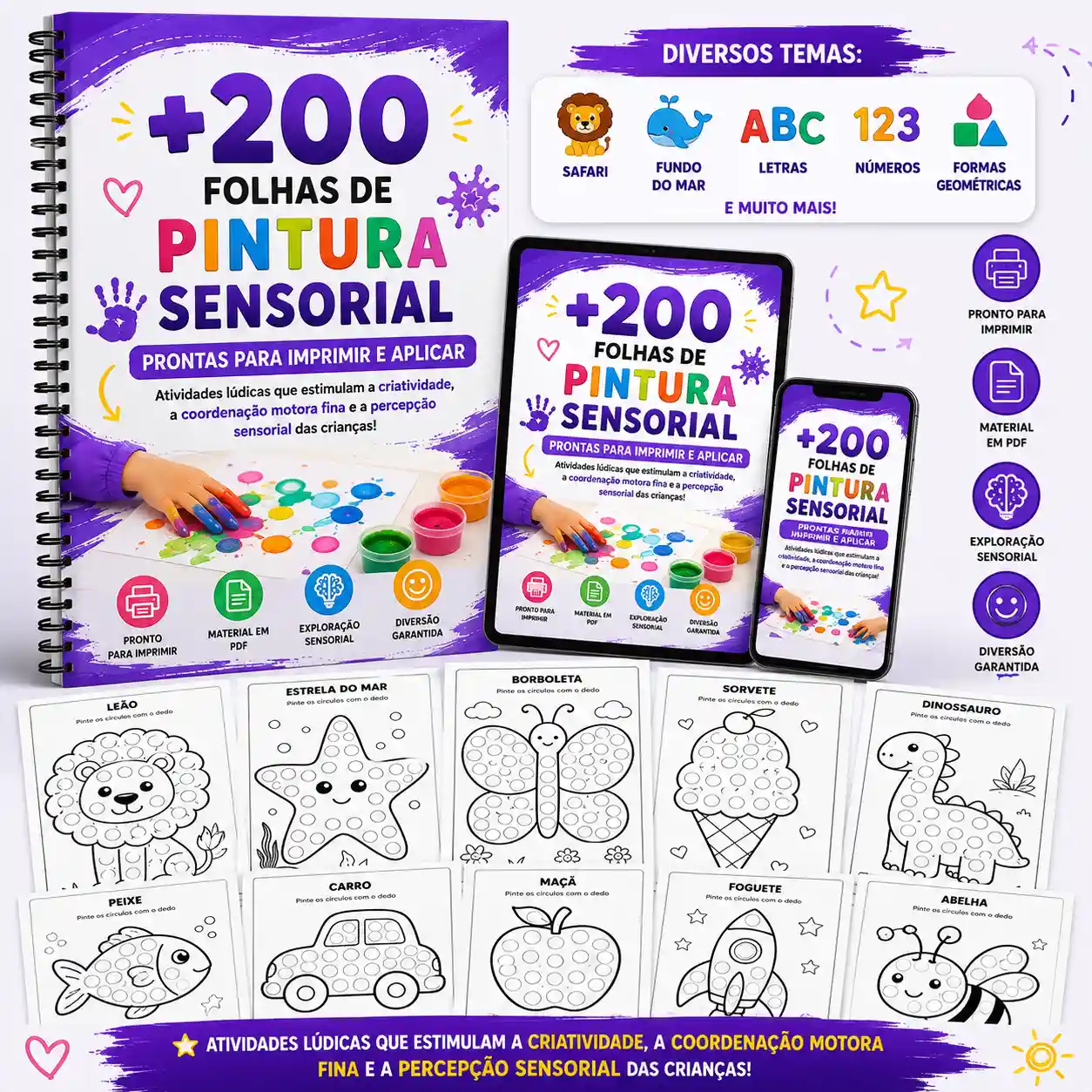 Mockup do material +200 folhas de pintura sensorial com diversos temas